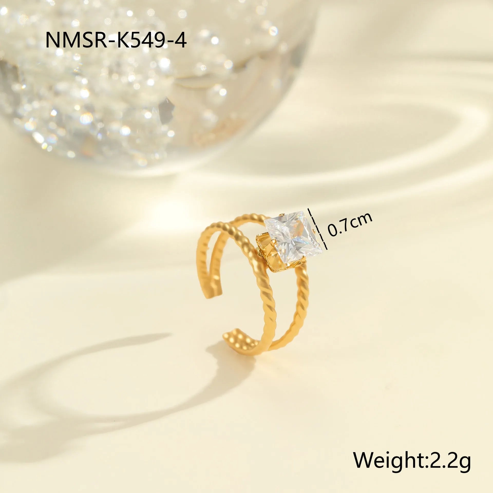 Open mouth geometric stainless steel ring with heart drop shape and gold inlaid zircon.