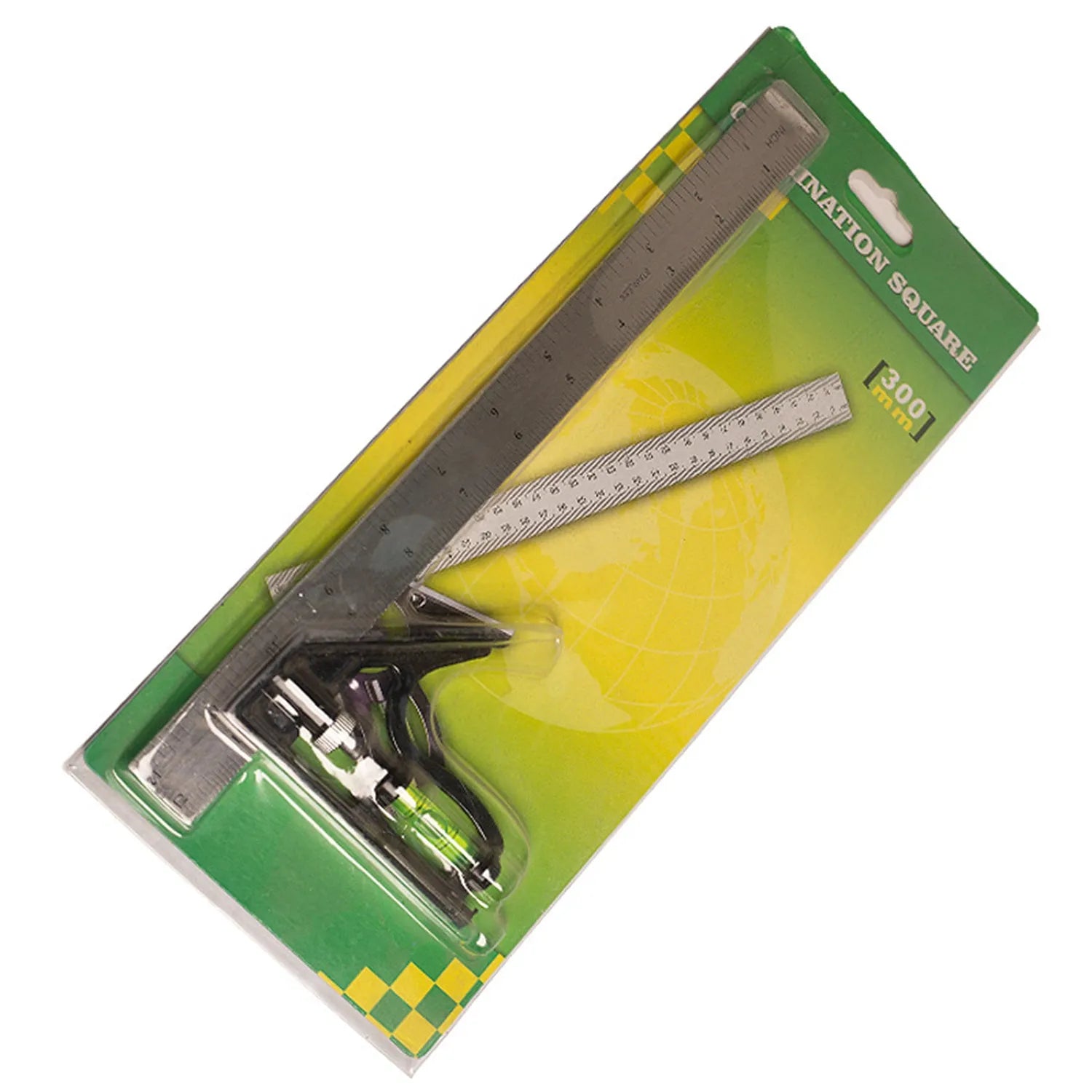 Red 7-inch metal combination angle ruler and a separate metric base ruler in a transparent bag.