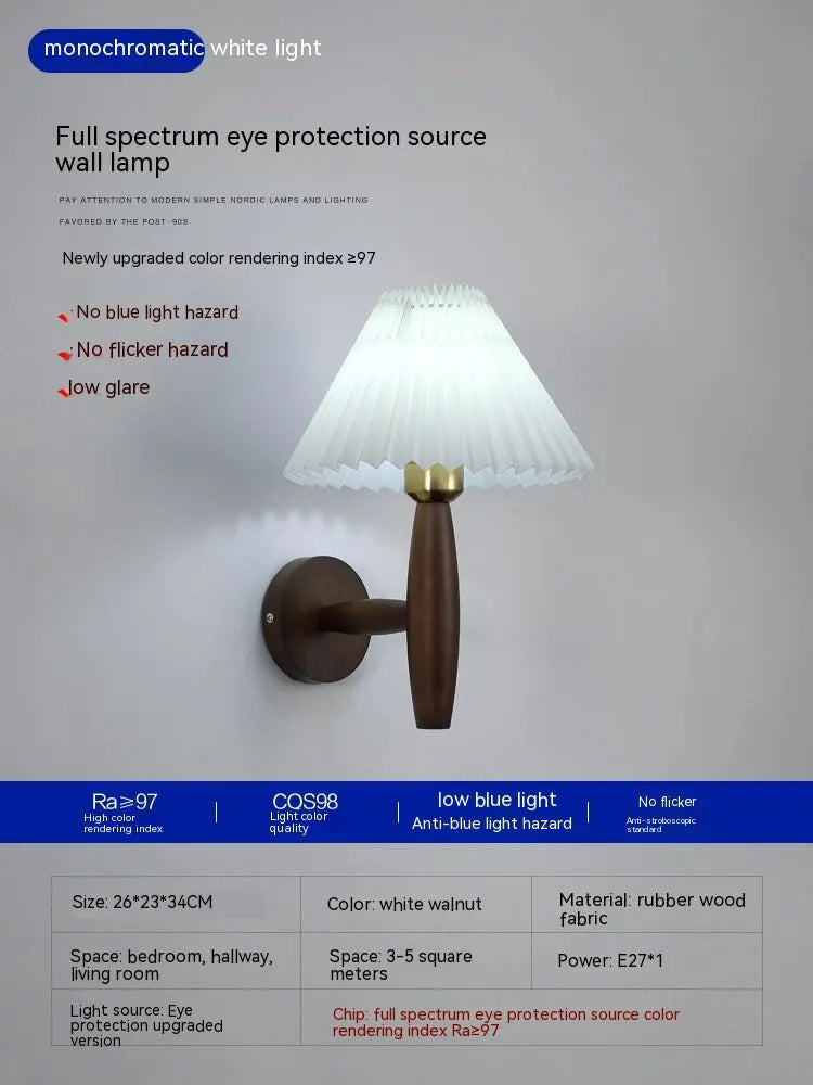 American retro wall lamp with rubber wood frame and fabric elements in walnut finish