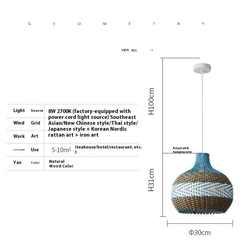 Vine woven rattan pendant lamp with natural weave pattern in Southeast Asian pastoral style