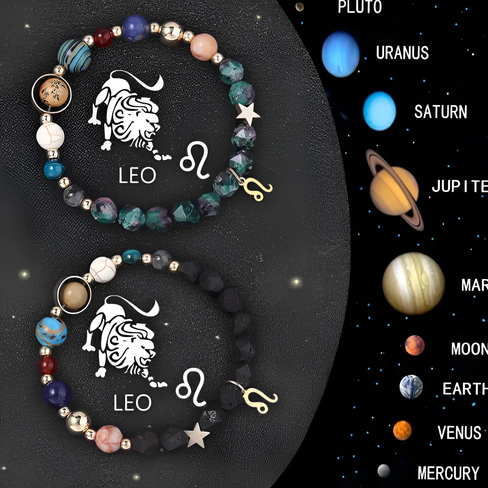 Two natural stone beaded zodiac bracelets showing different style options