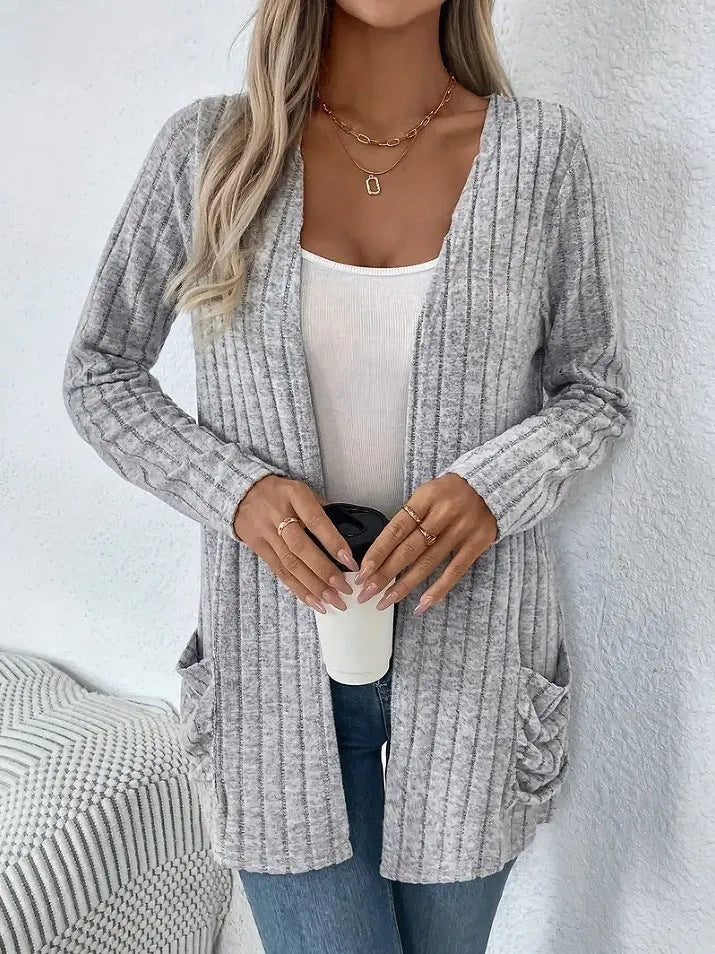 Solid color long sleeve cardigan knitwear with pockets in Grandma Grey or Black polyester blend loose fit