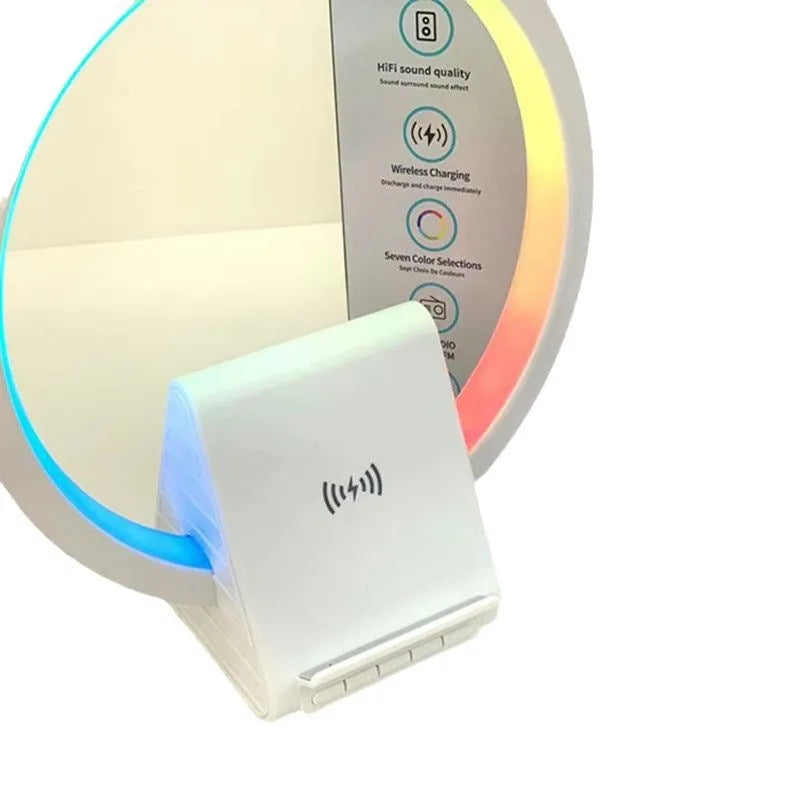 White smart Bluetooth speaker with ambient light ring and wireless charging surface
