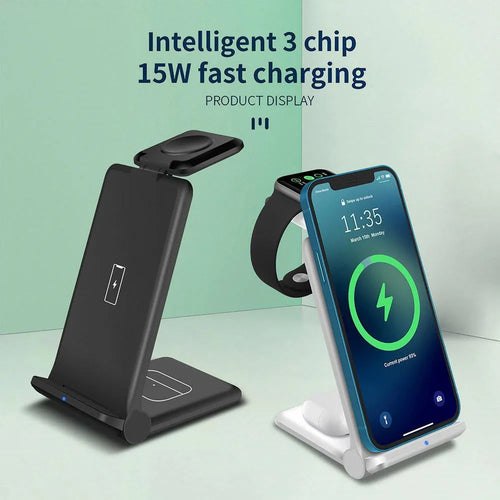 White 3-in-1 wireless charging station holding an iPhone, Apple Watch, and AirPods case.