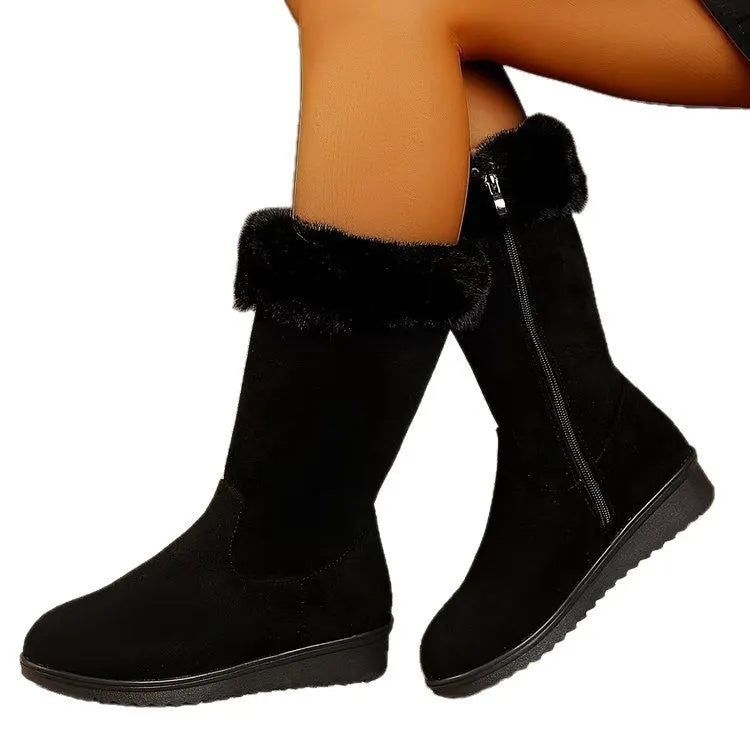 Fleece-lined mid-calf snow boots in black, with waterproof platform sole and round toe