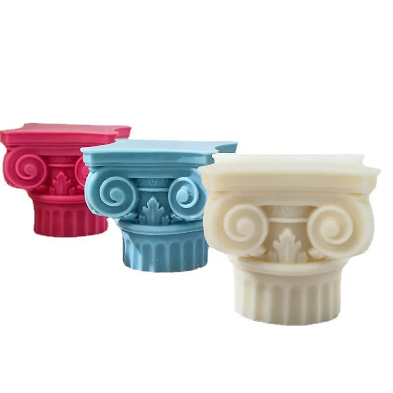 Flexible silicone Roman pillar candle mould on a white background