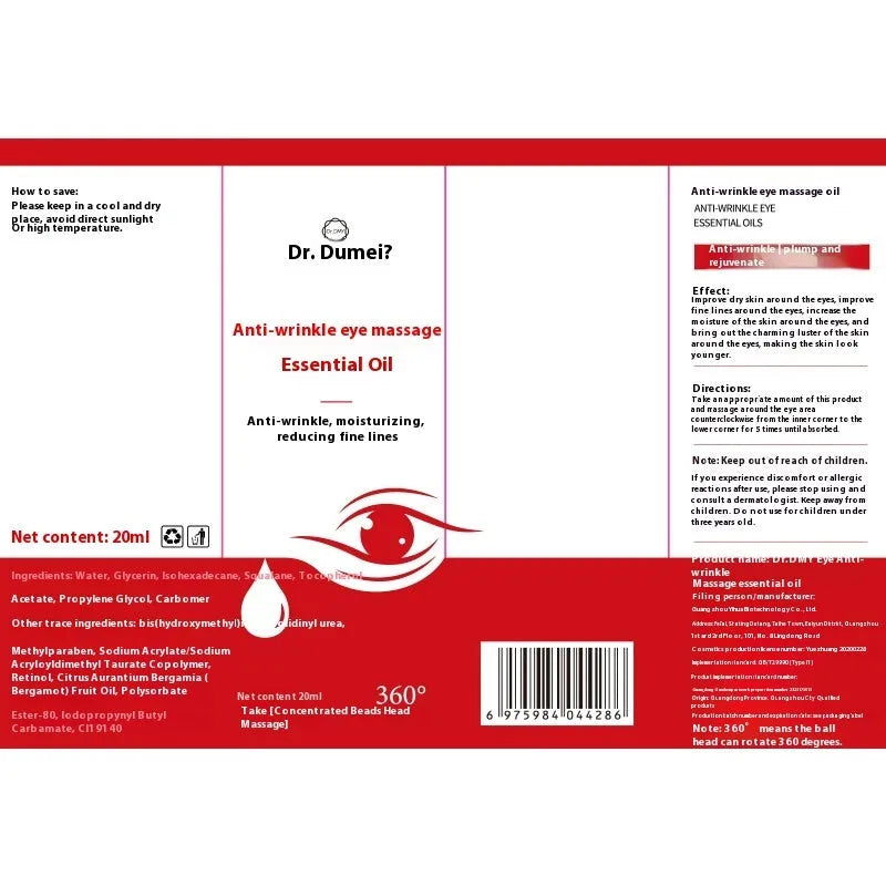 Red Upgrade 20ml eye anti-wrinkle massage essence oil bottle for hydrating moisturising and firming treatment