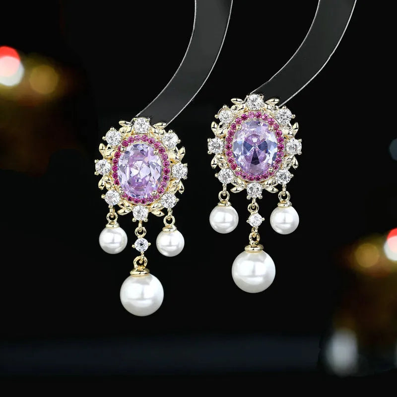 Oval geometric copper earrings with inlaid zircon stones and pearl tassel drops in light purple colour