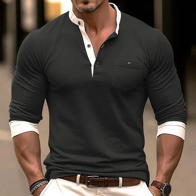 Men's solid colour cotton long sleeve t-shirt on a hanger, showing round neck and slim fit.