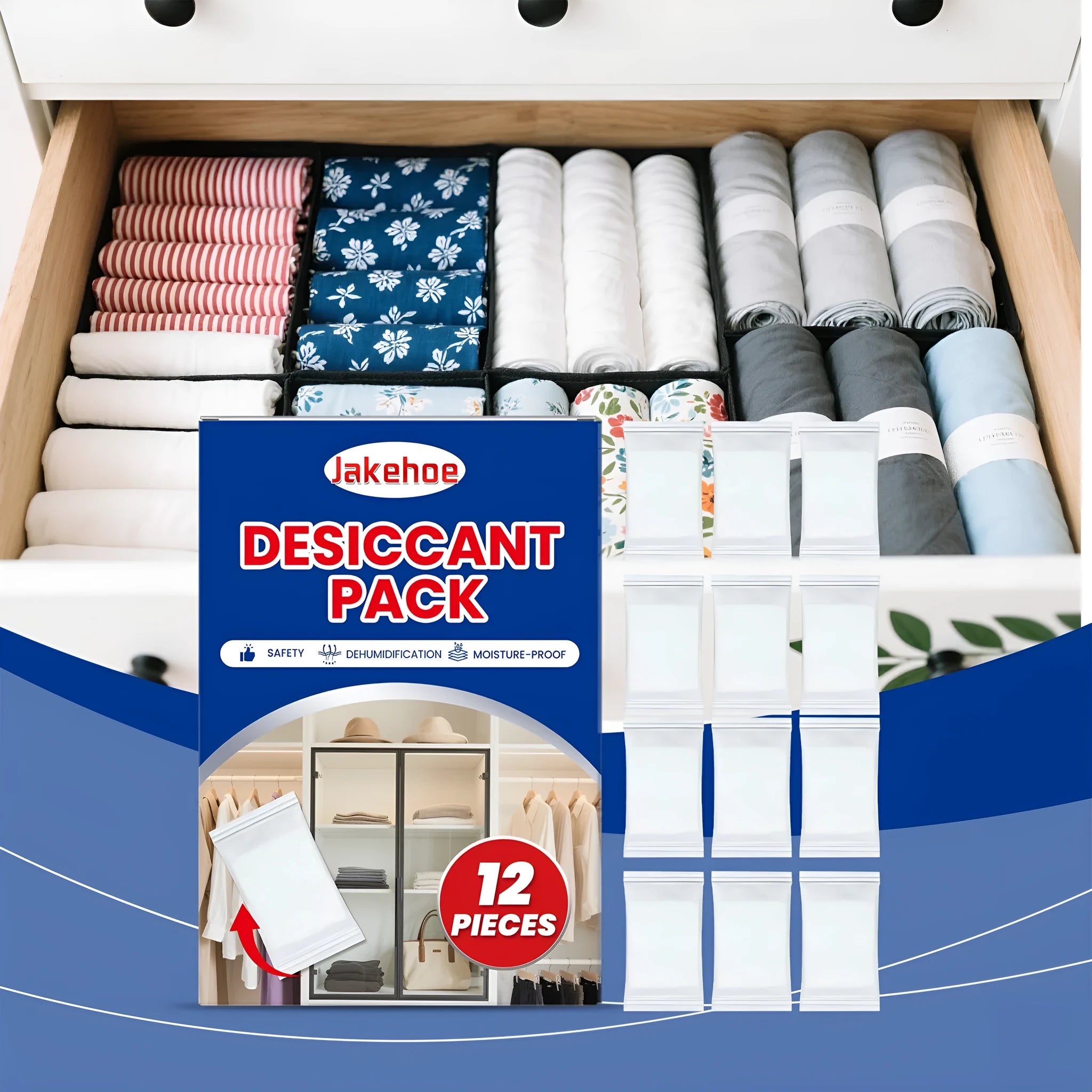 12 individual anti-odor desiccant packets for household moisture absorption