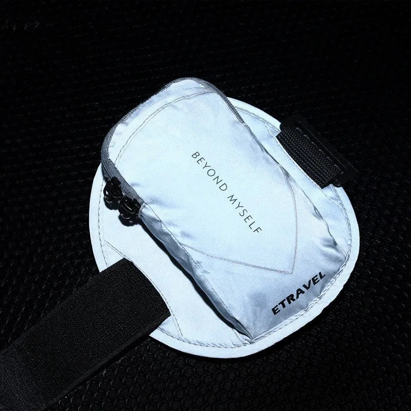 Reflective running arm bag with 7 inch capacity shown in three colour options