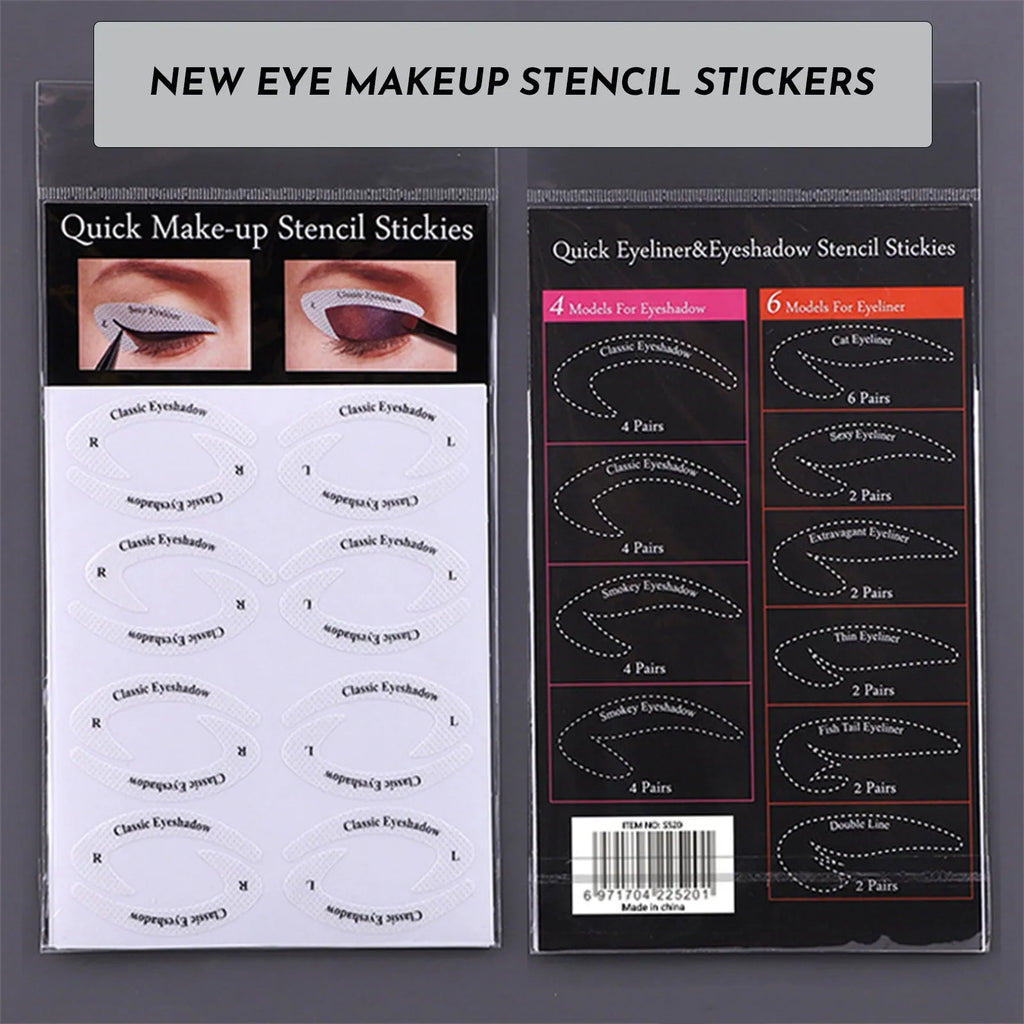 Reusable eyeliner makeup sticker templates showing four different eyeliner guide designs