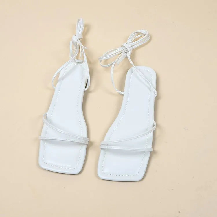 Women's ankle ring bandage cloth flat sandals with square toe and front lace-up closure