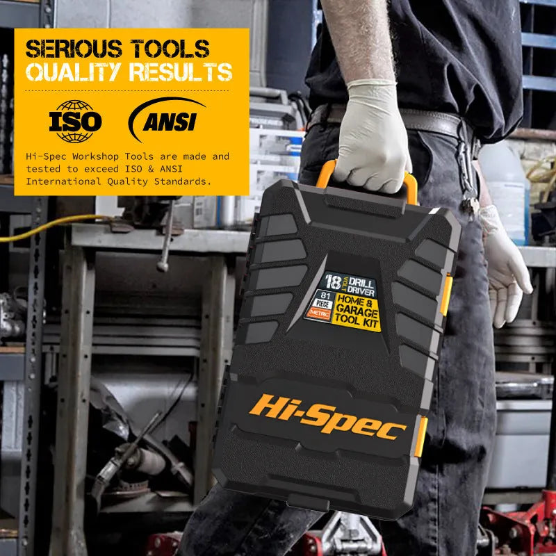 Grey-yellow case open to show 82-piece chrome-vanadium steel hardware tool kit.