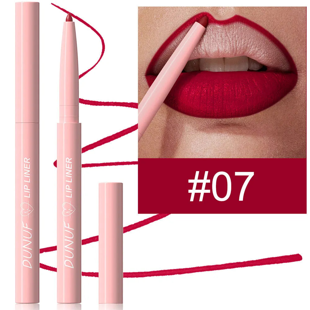 Matte velvet lip liner pencil showing 12 colour shades from nude to plum