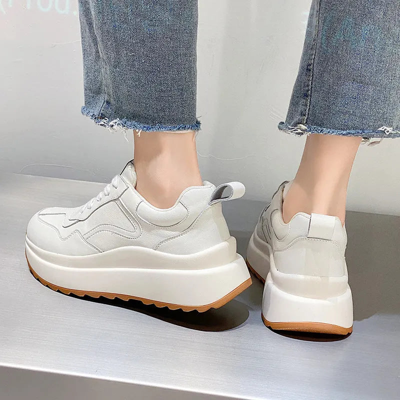 Women's beige cowhide leather casual sports shoes with mesh lining and English muffin heel