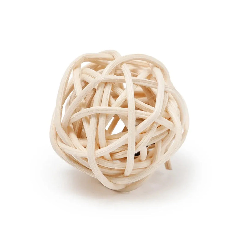 Cat toy set showing rattan ball with bell and faux feather ball for interactive pet play