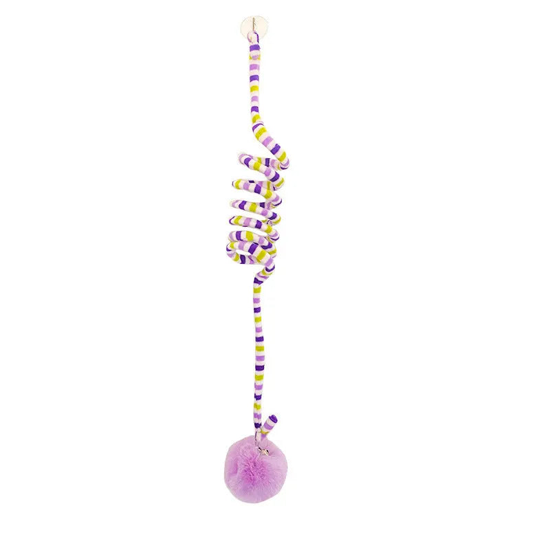 Kitten playing with hanging spring toy featuring inflatable ball and suction cup mount in various colours