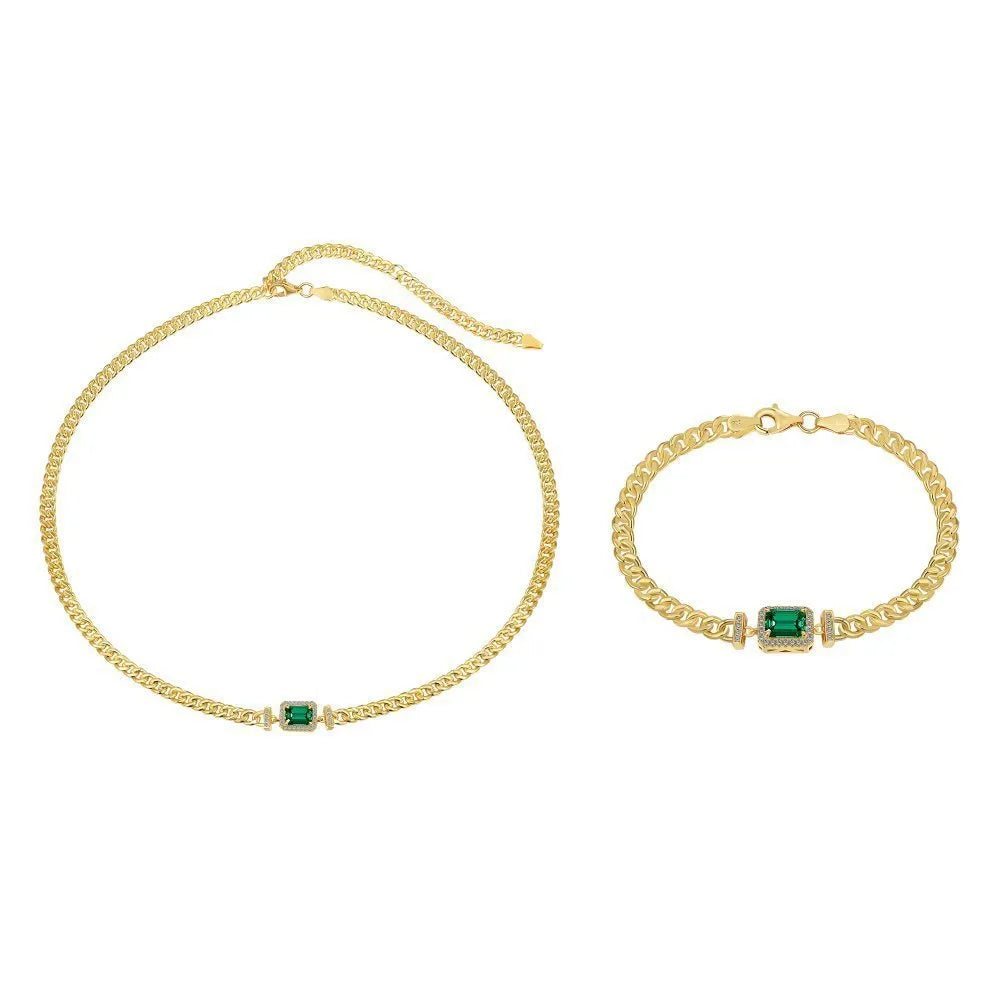 Gold electroplated 925 silver Cuban link necklace and bracelet set for women
