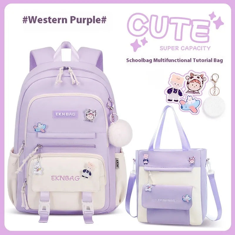 Girls waterproof Oxford cloth school backpack with curved straps and spine protection in solid colours for grade 5-6 students