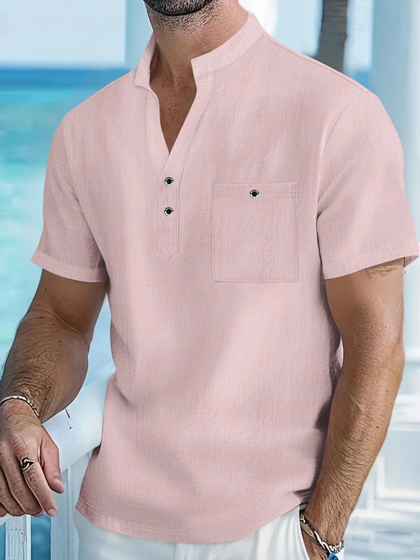 Men's linen blend stand collar short sleeve shirt in loose fit t-shirt style