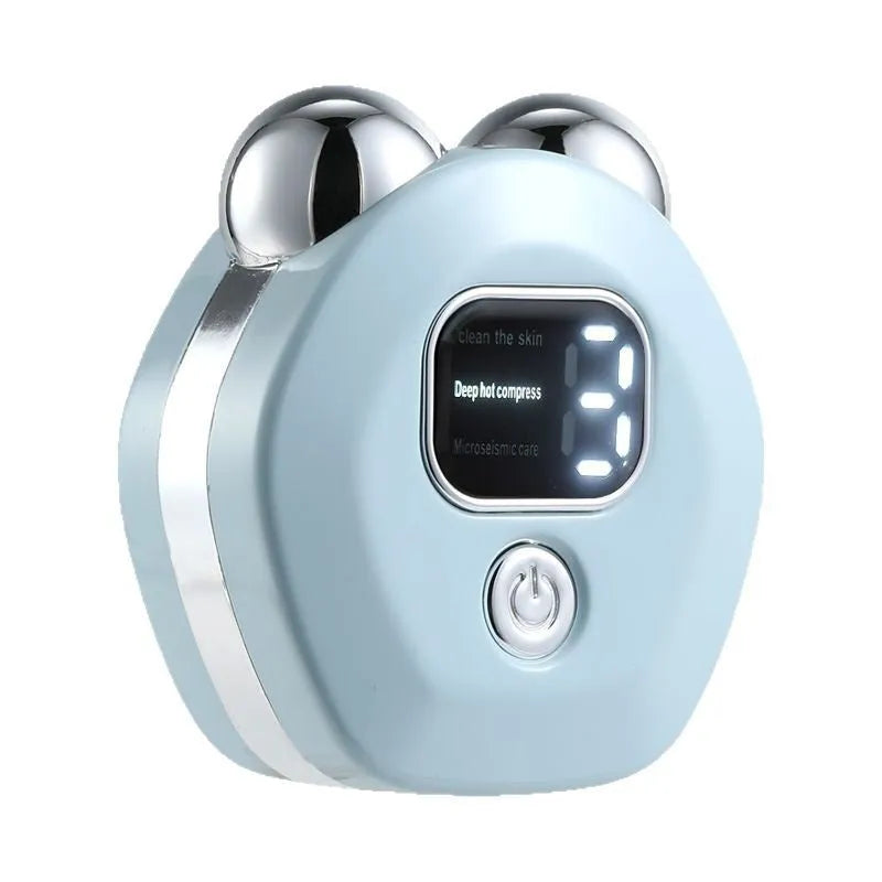 Portable white facial massage instrument with a dual-roller head for hot compress and microcurrent therapy.