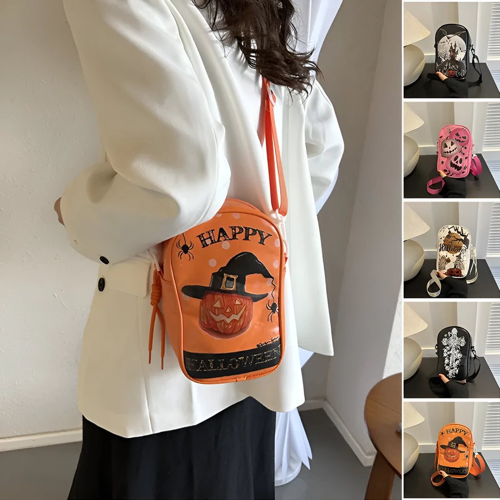 Black Halloween graffiti mini crossbody bag with cartoon pumpkin ghost bat print