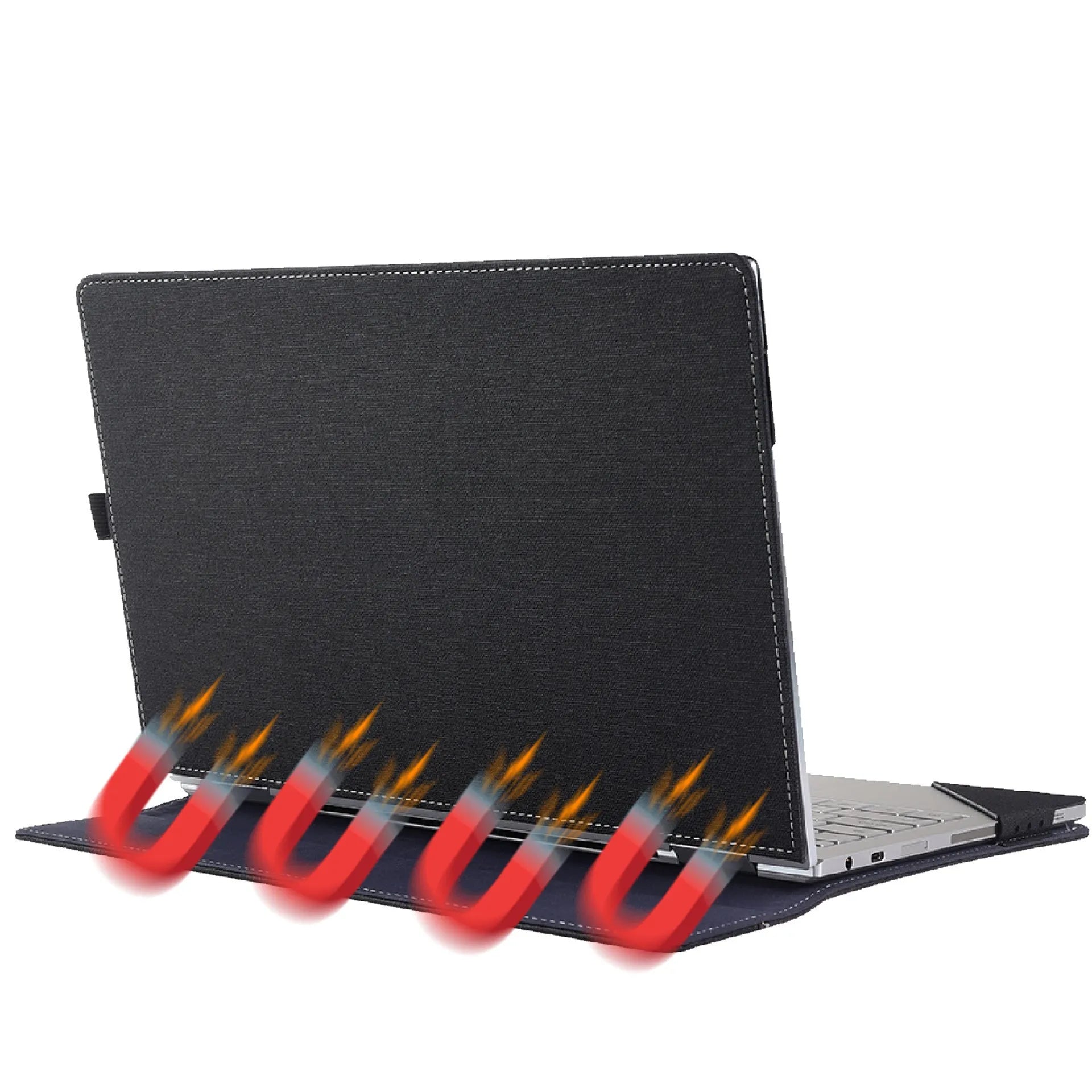 Black imitation leather Microsoft laptop protective sleeve with fabric detailing for 13.5 and 15 inch models