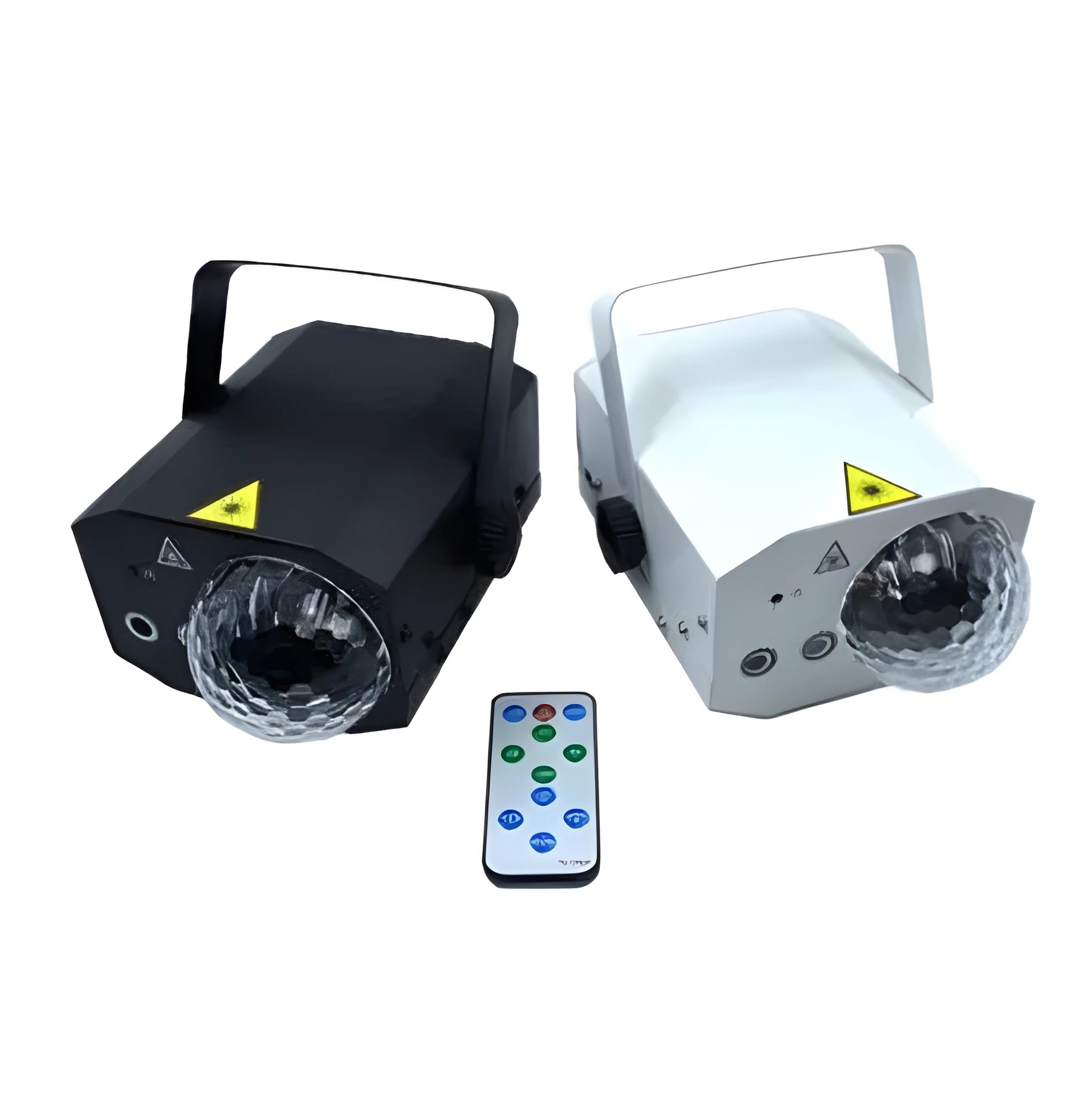 Black and white LED laser magic fan stage light with remote control on a dark background.