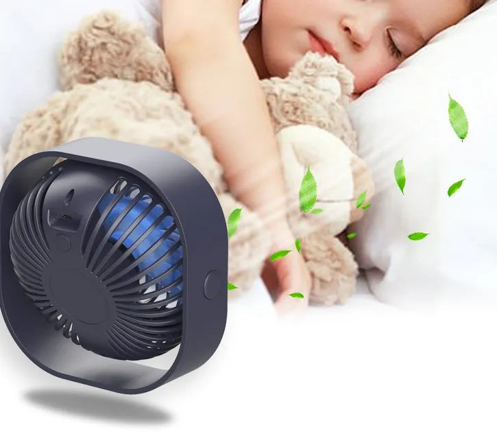 USB desk fan with alarm clock showing 360-degree rotation and rotary switch in blue colour
