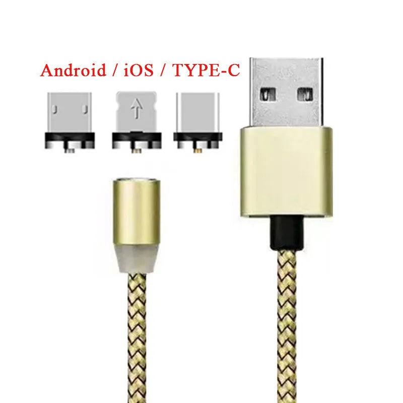 YBD black magnetic LED charging cable with cotton weave, aluminium shell, and LED light shown next to a smartphone.