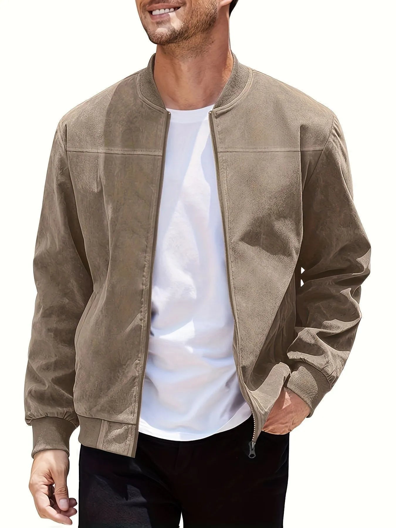 Men's plus size suede zip jacket in army green colour showing regular fit and cotton lining