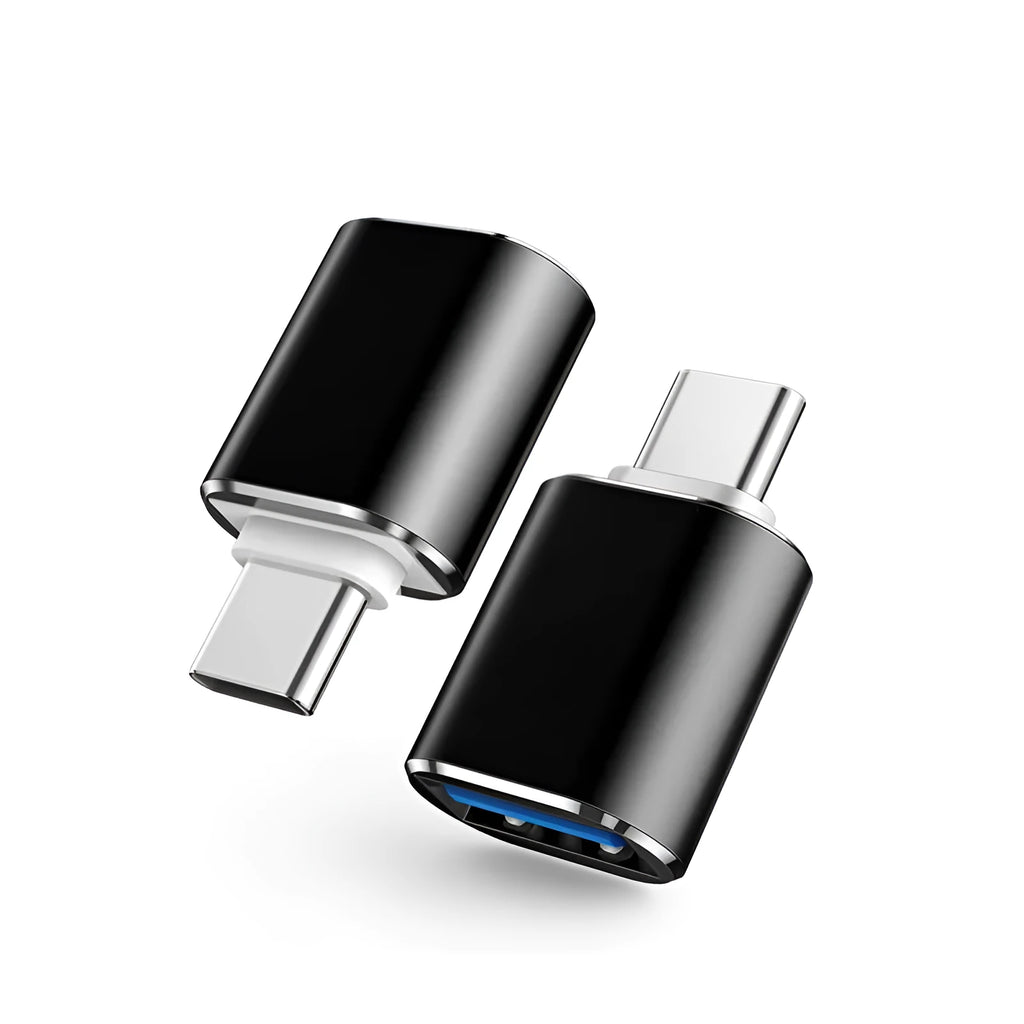 Type-C to USB-A OTG adapter converter in black, gold, and silver colour options.