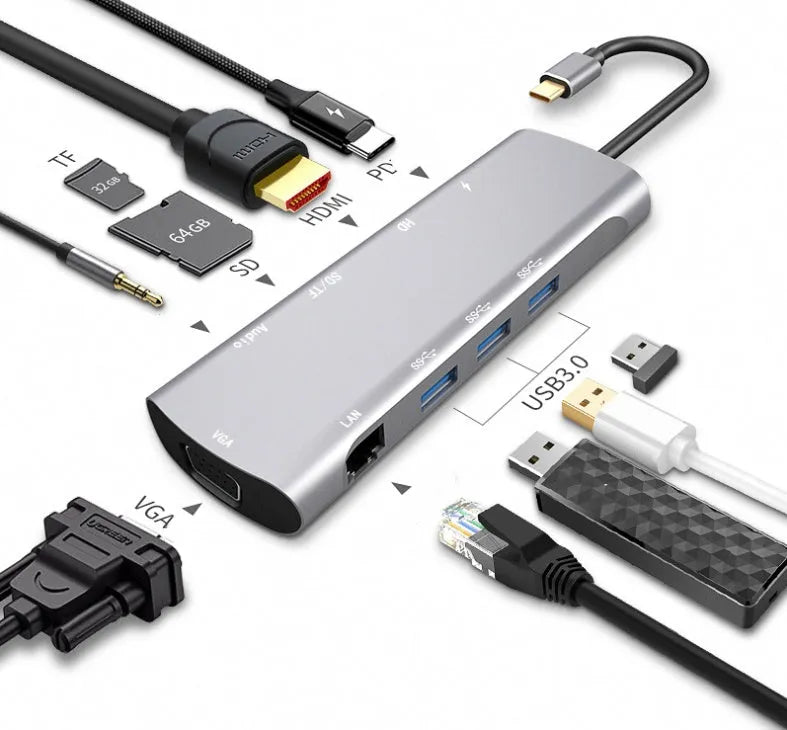 Grey USB-C docking station with HDMI, VGA, and USB 3.0 ports on aluminium alloy body