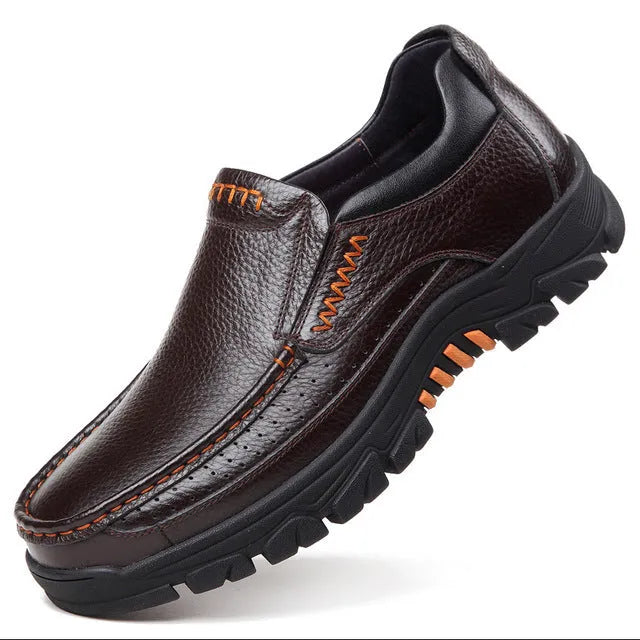 Black and brown cowhide leather business casual slip-on shoes with rubber soles