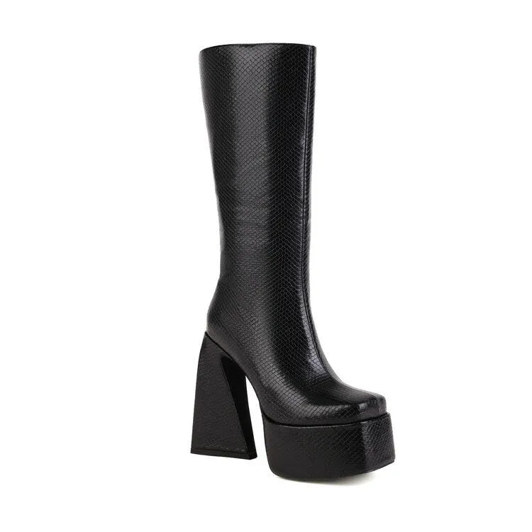 Women's casual high boots in artificial PU leather available in black, red, blue, and white colours