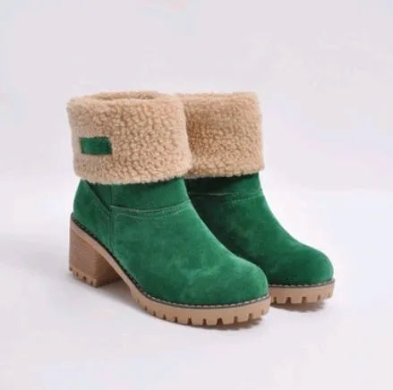 Women's suede mid-calf snow boots in multiple colours with a flat heel and round toe.