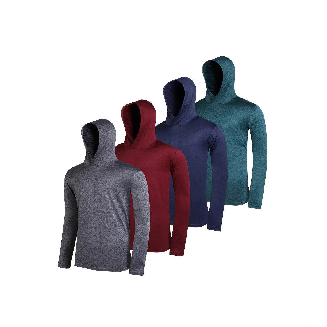 A stack of four men's lightweight polyester hoodies in various colours, showing both hooded and non-hooded styles.