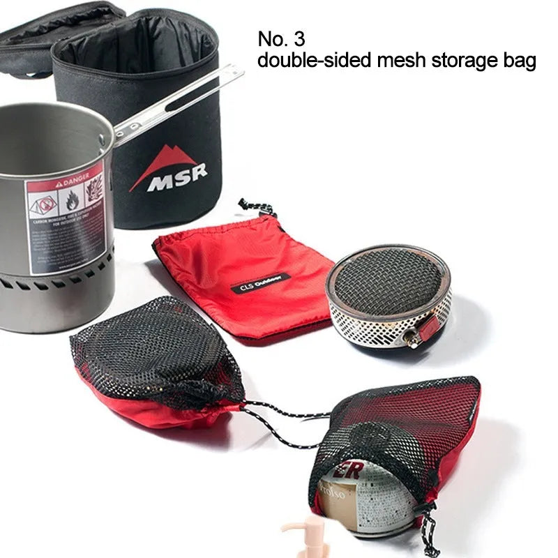 Red outdoor travel storage bag set with 5 pieces showing mesh panels and zipper closures