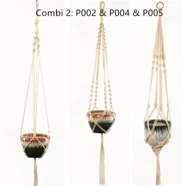 Woven wire plant hanger with cotton rope and jute twine in multiple style configurations