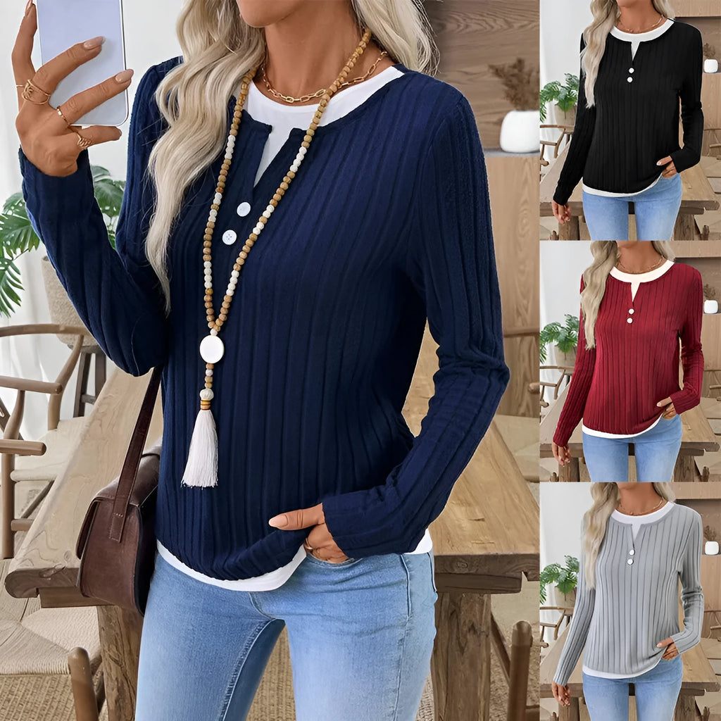 Women's black fake two-piece pullover sweater with round neck and long sleeves.