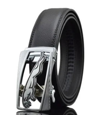 Men's black leather belt with an automatic buckle on a 3.5 cm wide cowhide strap.
