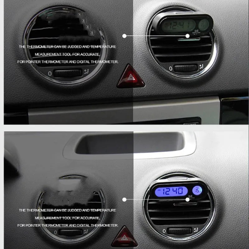 Black car electronic clock and thermometer with LED display on adjustable dashboard bracket