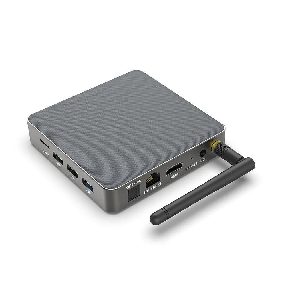 Black square Android 8K set-top box with RK3566 processor and remote control