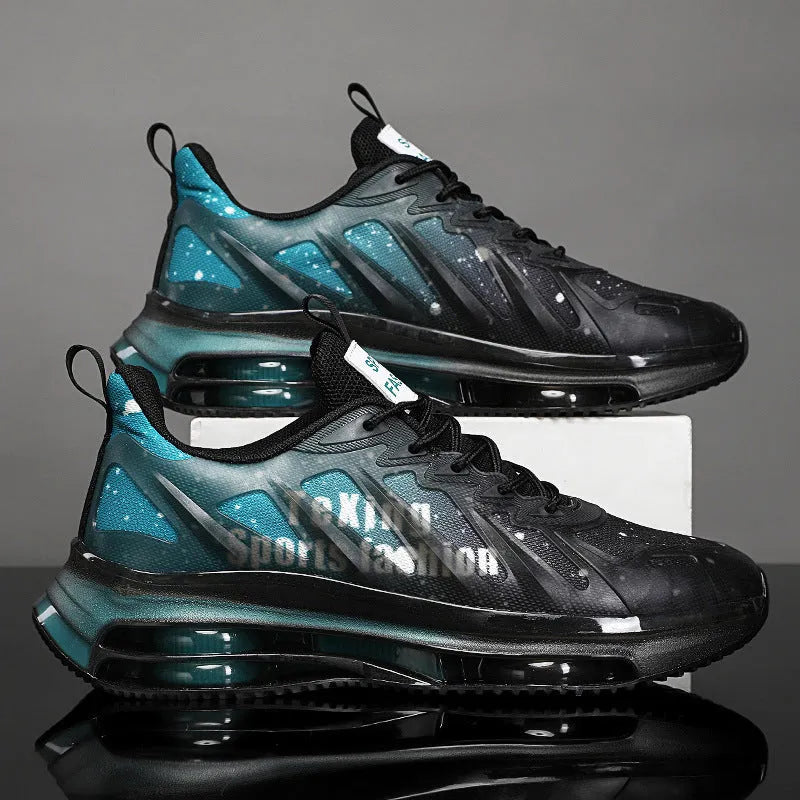 Men's black and green mid-top platform sneakers with mesh upper and rubber sole.