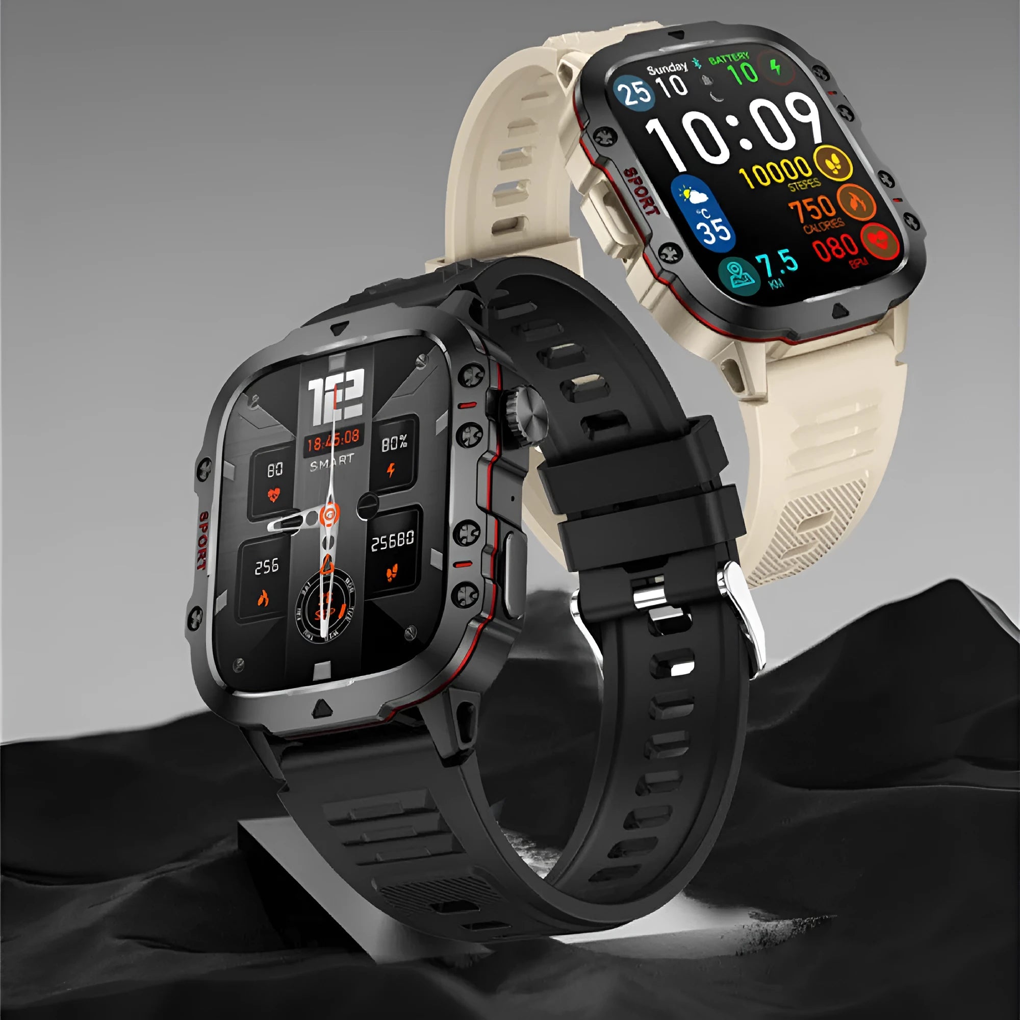 QX11 smart Bluetooth watch in black with TFT screen showing heart rate data on a leather strap.