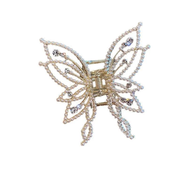 Butterfly design women's hair clip barrette in alloy with pearl or rhinestone style options