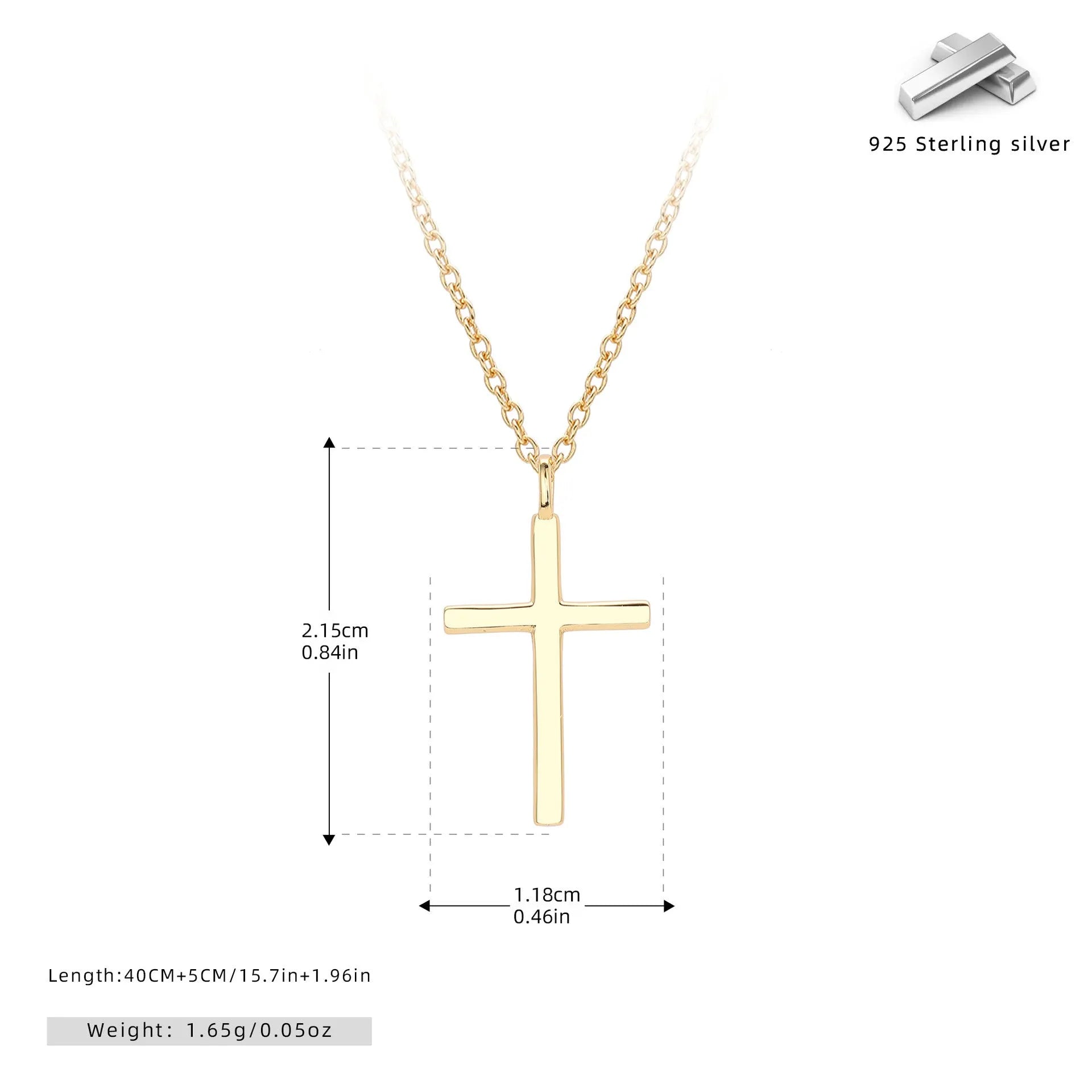 S925 sterling silver necklace showing simple glossy cross pendant on O-shaped chain in gold plating