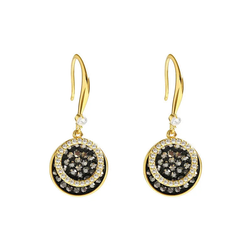 Black geometric round alloy earrings with retro Hong Kong style, 3.6cm long.