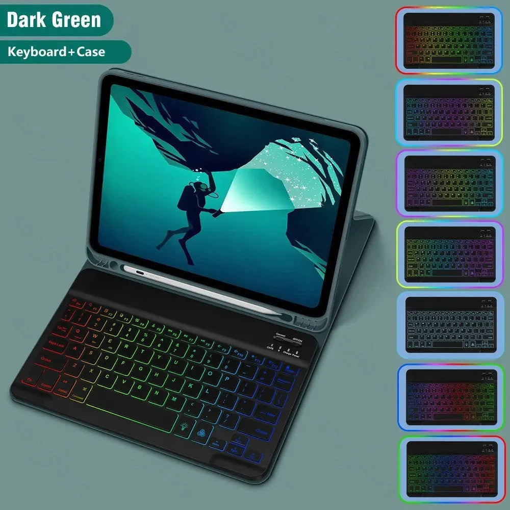 iPad leather protective case with built-in luminous RGB backlit Bluetooth keyboard and optional mouse in various colours.